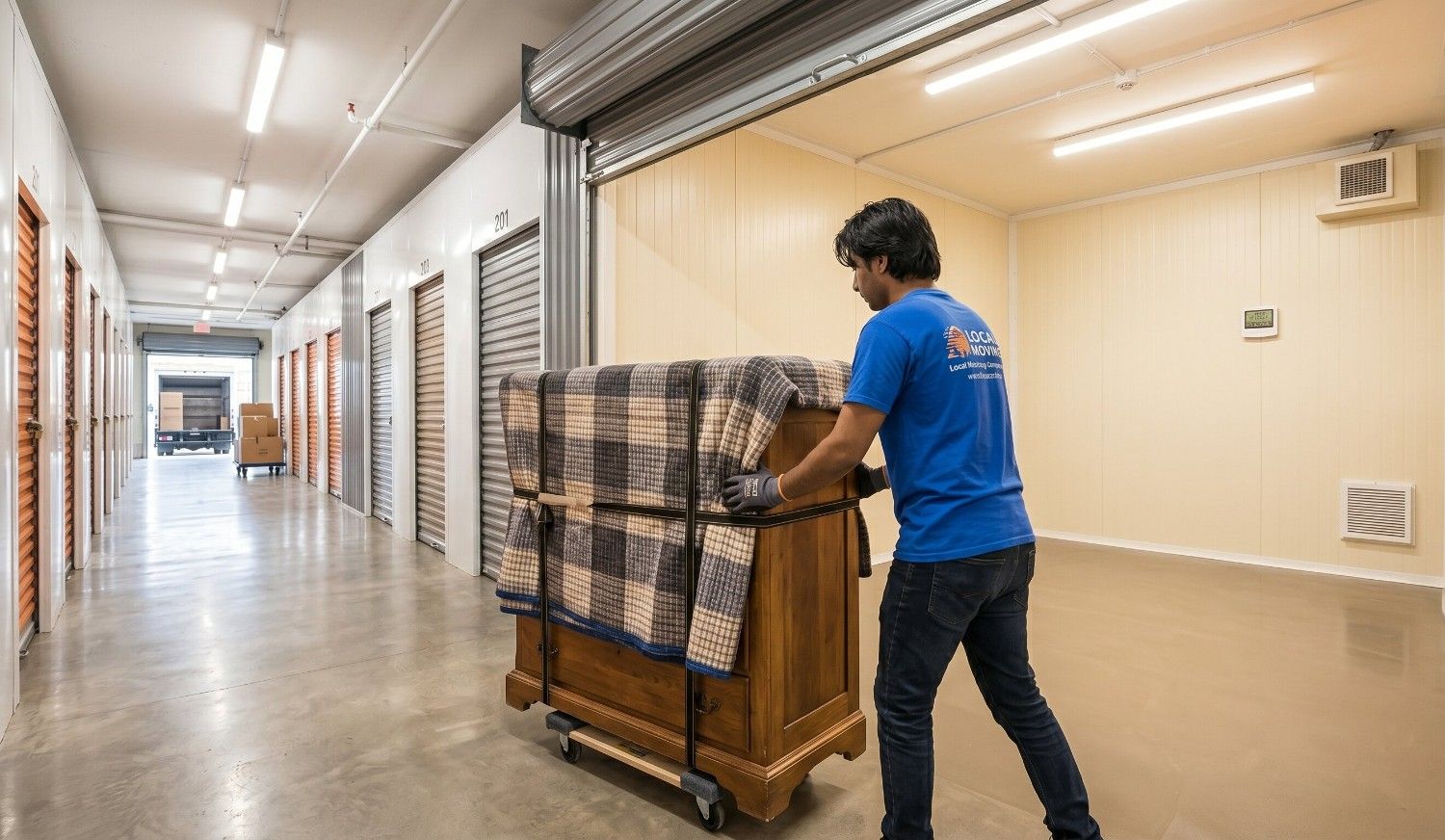Person loading furniture into a climate-controlled storage unit at a clean indoor facility