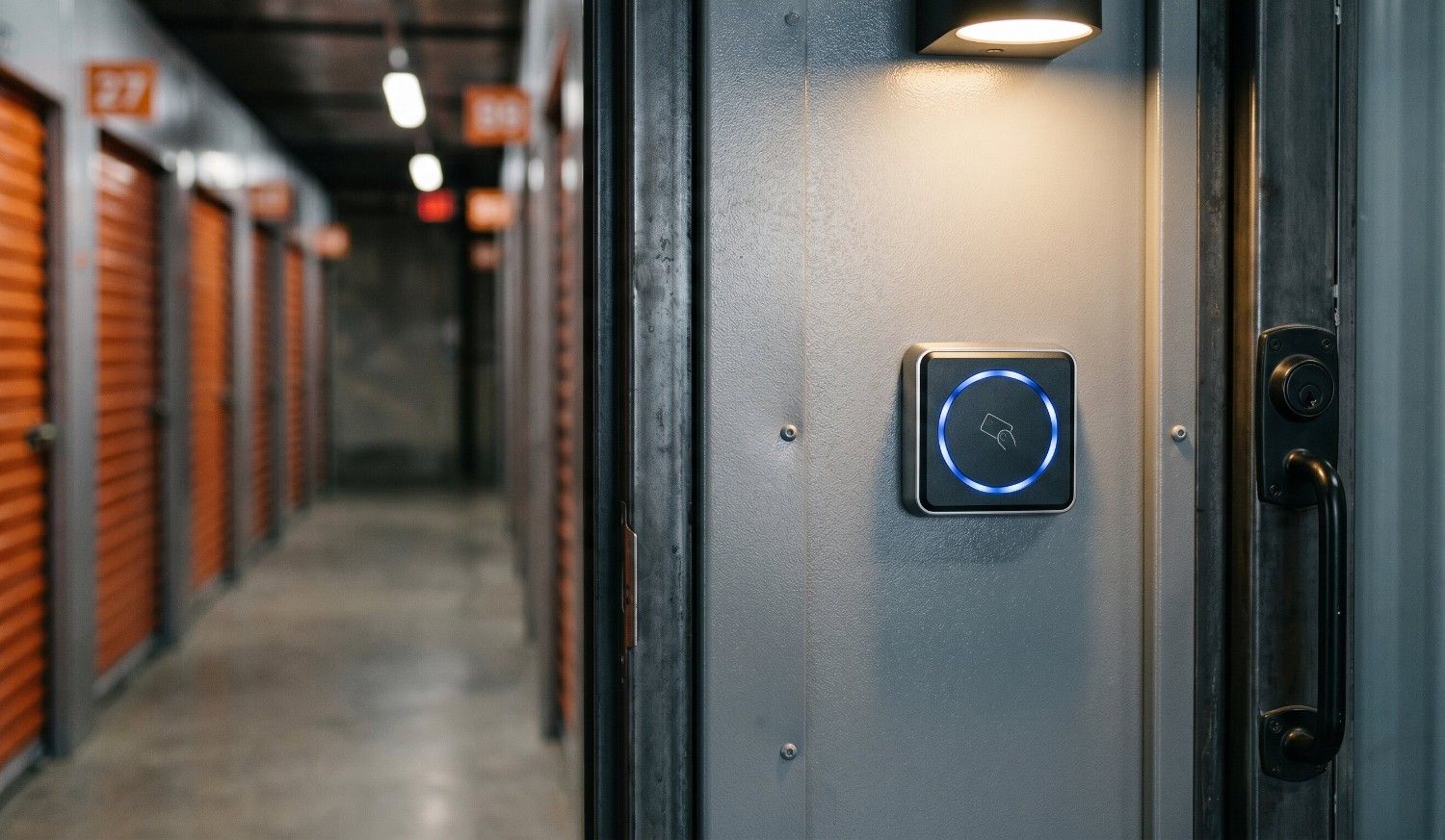 Key fob card access panel at a secure self storage building entrance