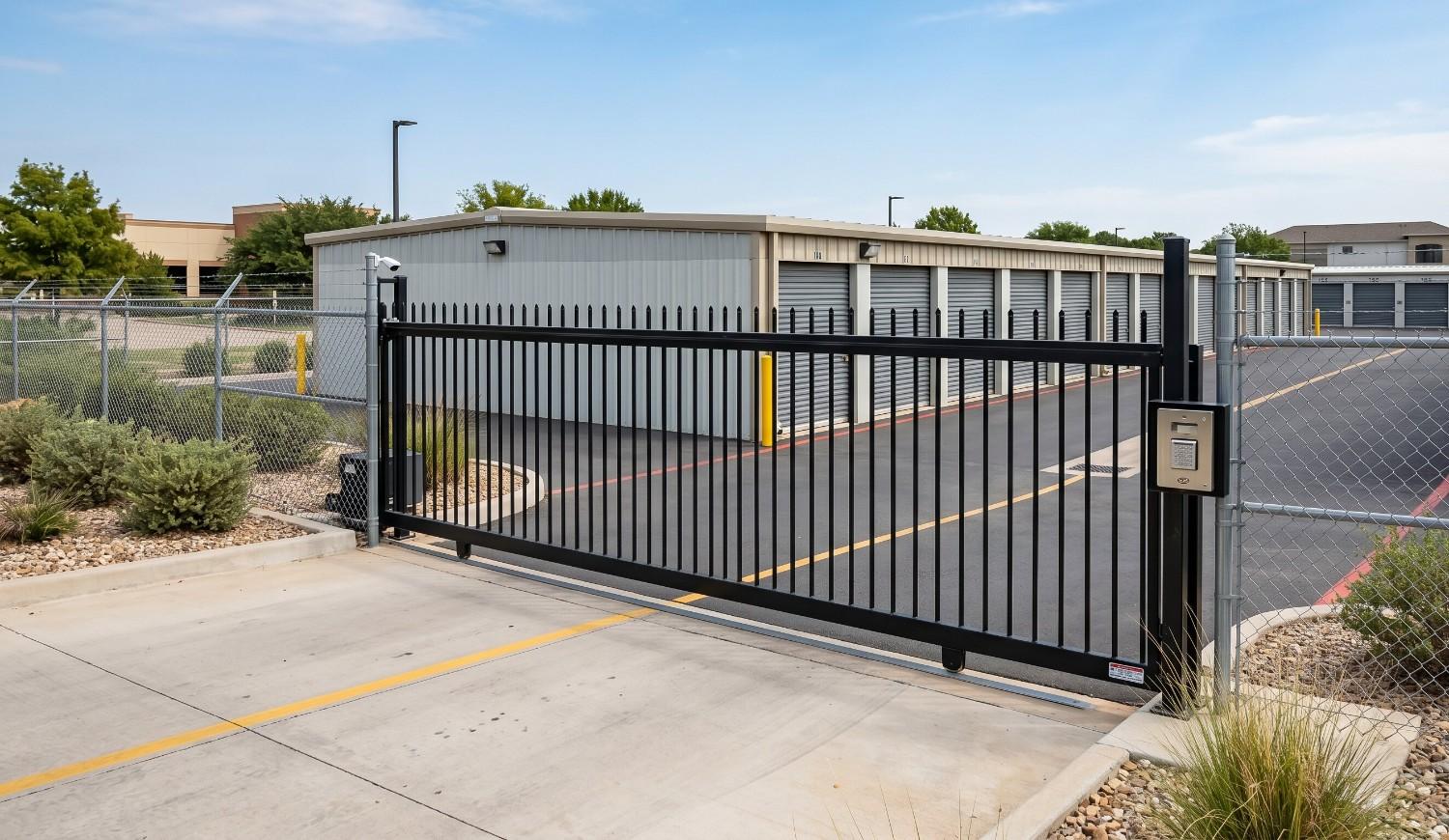 Gated and fenced self storage facility perimeter in Vienna WV showing secure entry point